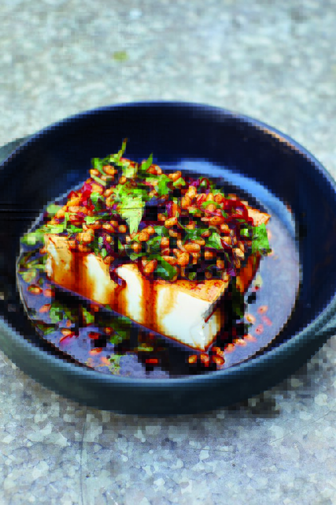 Vegan Silken Tofu with Pine Nuts and Pickled Chiles