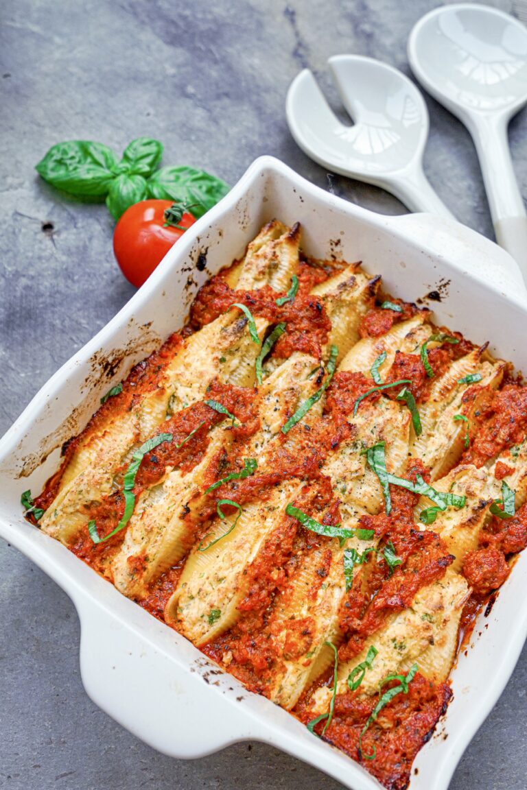 Tofu Ricotta Stuffed Shells with Mushroom Ragu Bolognese from Angela’s Plant-based Kitchen