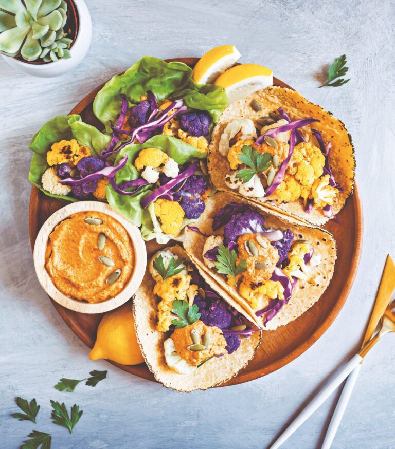 Vegan Roasted Cauliflower Romesco Tacos from Megan Sadd's 30-minute Vegan Dinners