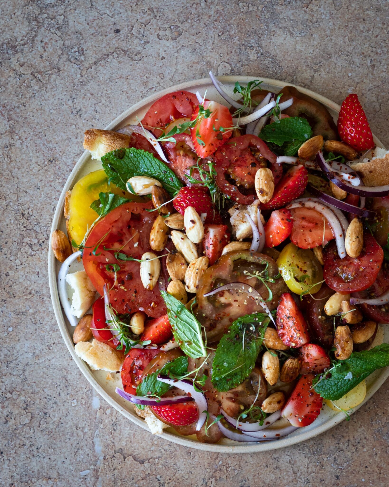 All About the Veg: Heirloom Tomato Salad with Strawberries, Fried Almonds & Crispy Pita