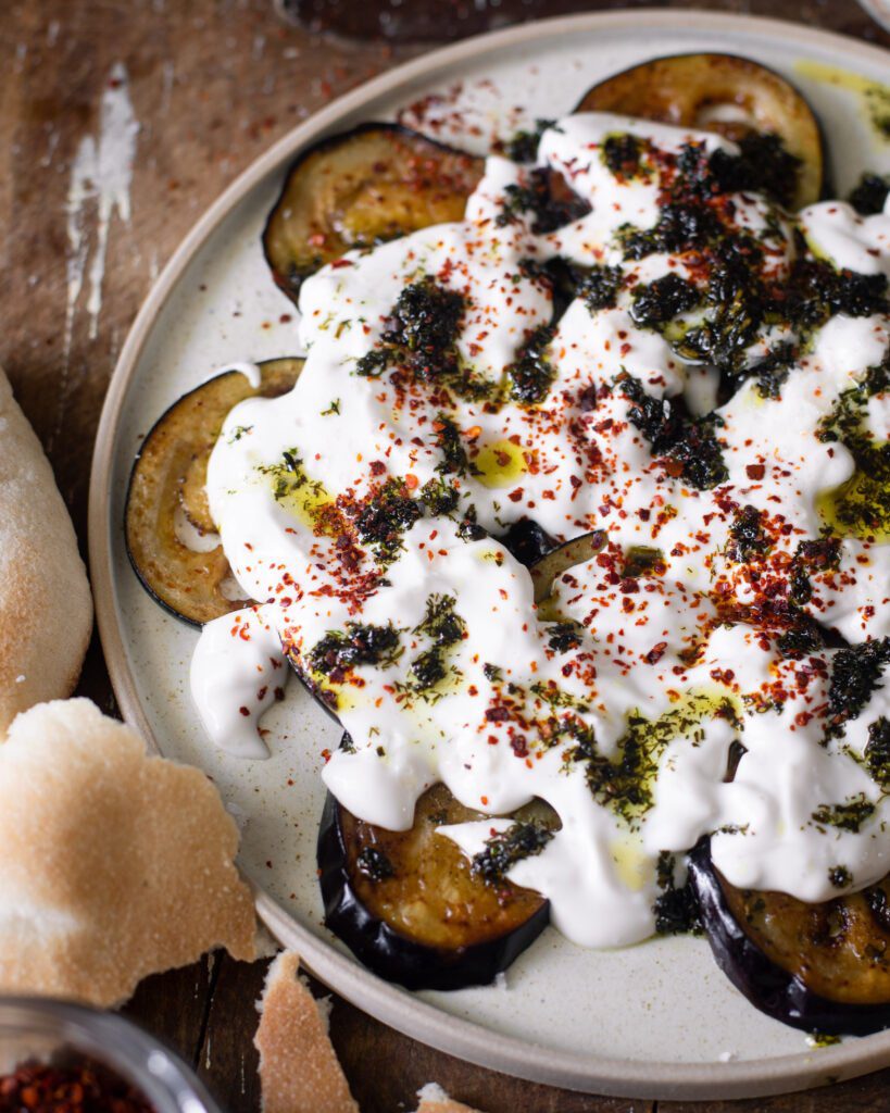 Kurdish Fried Eggplant with Vegan Garlic Yogurt