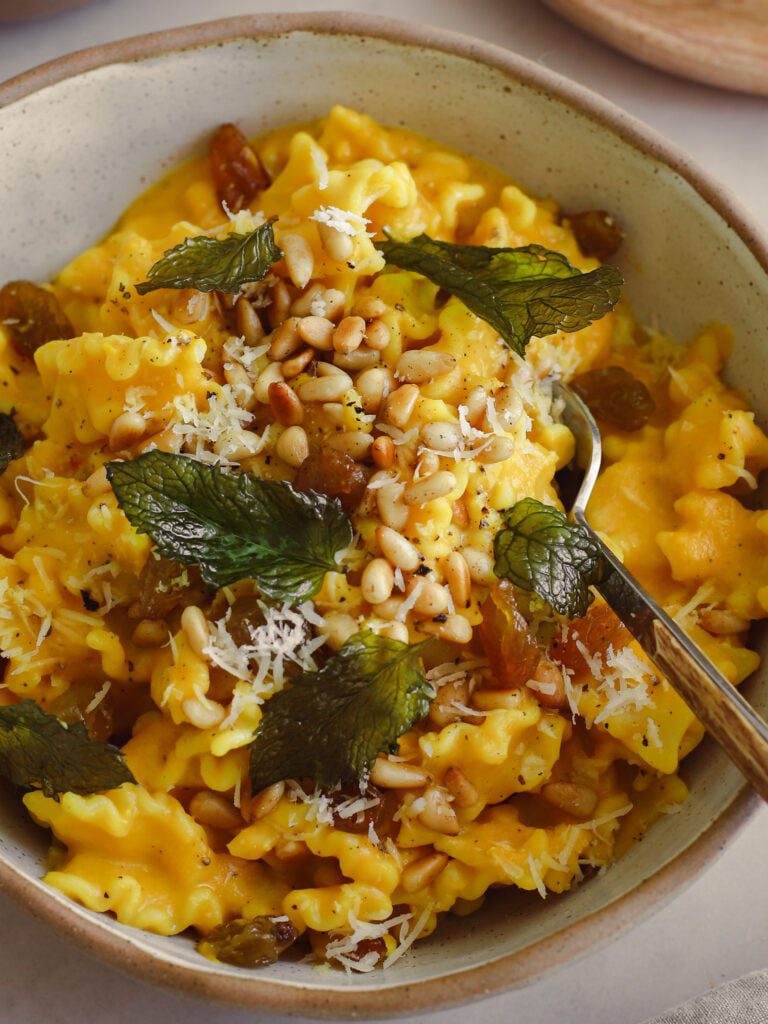 Vegan Saffron & Butternut Squash Pasta with Fried Mint & Pine Nuts