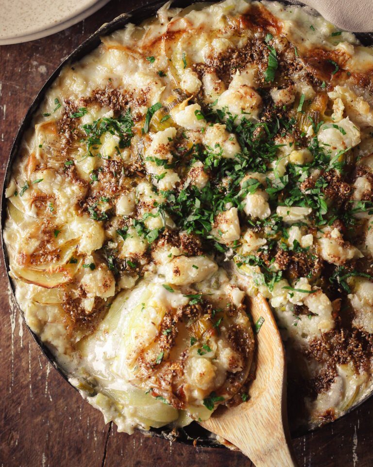 All About The Veg: Leeks & Potato Gratin with Toasted Aromatics & Vegan Feta