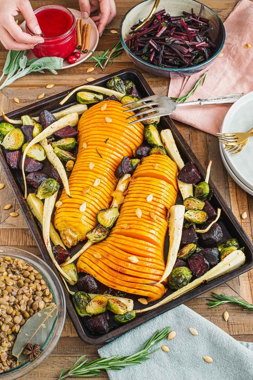 Vegan Hasselback Butternut Squash Tray Bake