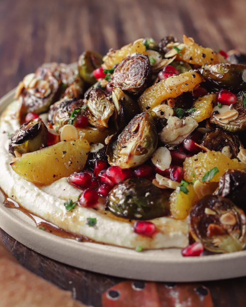 Festive Brussels Sprouts over Hummus