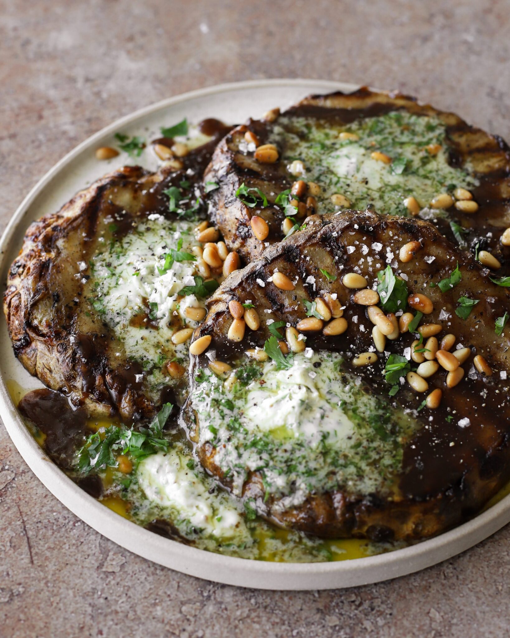 Baked & Grilled Celeriac with Tamarind Gravy & Roasted Garlic Butter