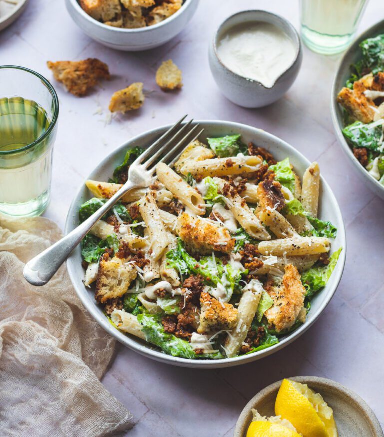 Vegan Caesar Pasta Salad - Delicious Caesar salad inspired vegan pasta dish.
