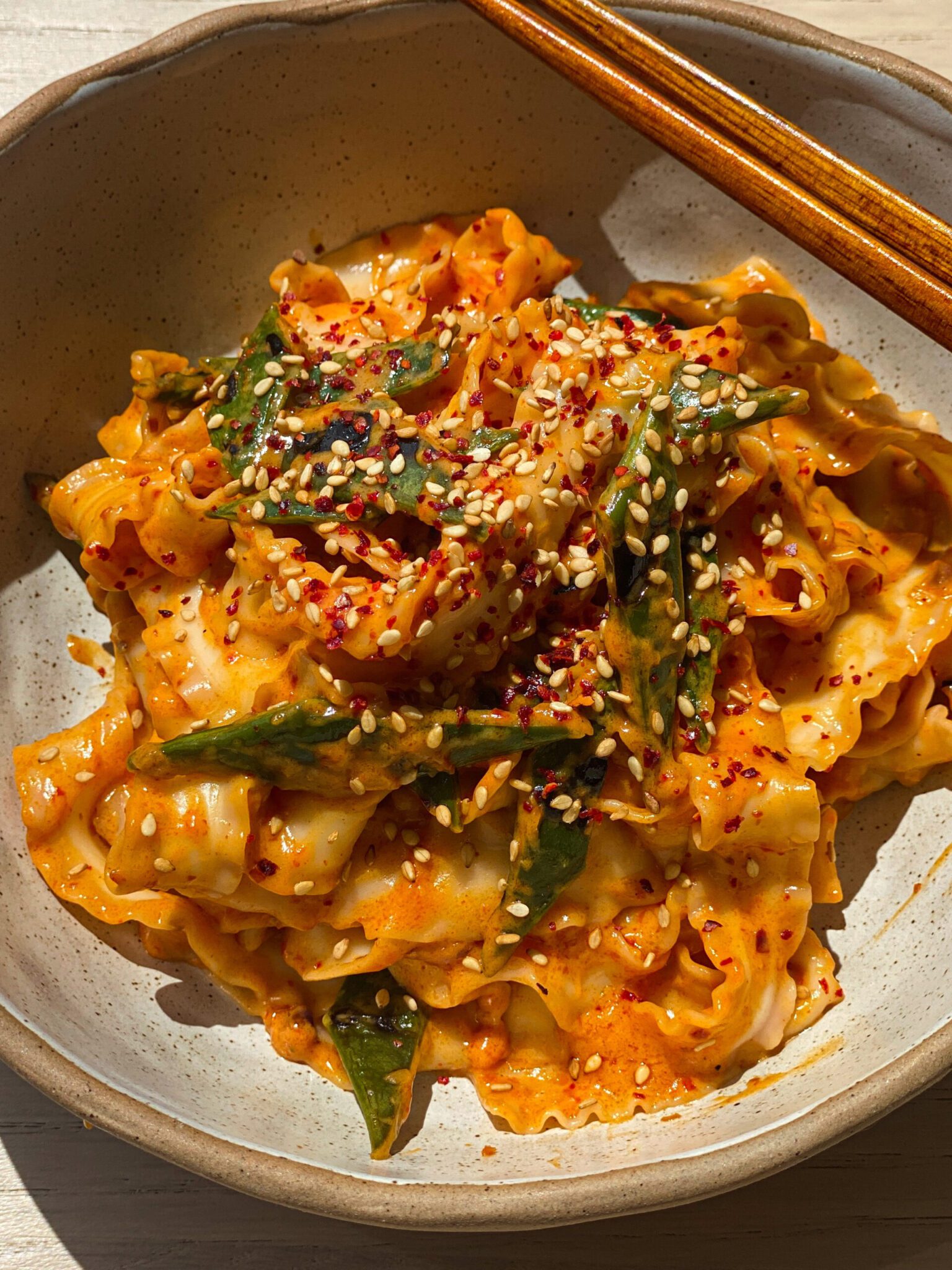 Creamy Gochujang Noodles with Charred Flat Beans