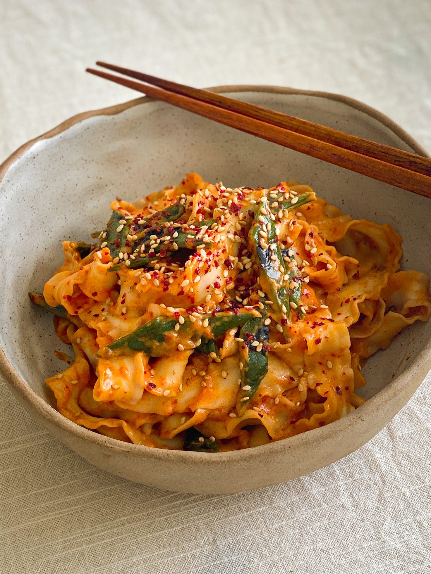 Creamy Gochujang Noodles with Charred Flat Beans