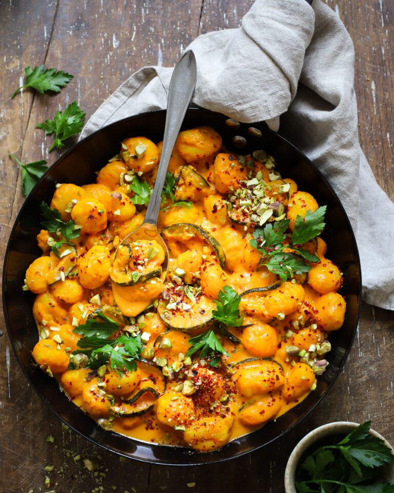 Zucchini Gnocchi in Creamy Grilled Pepper & Saffron Sauce