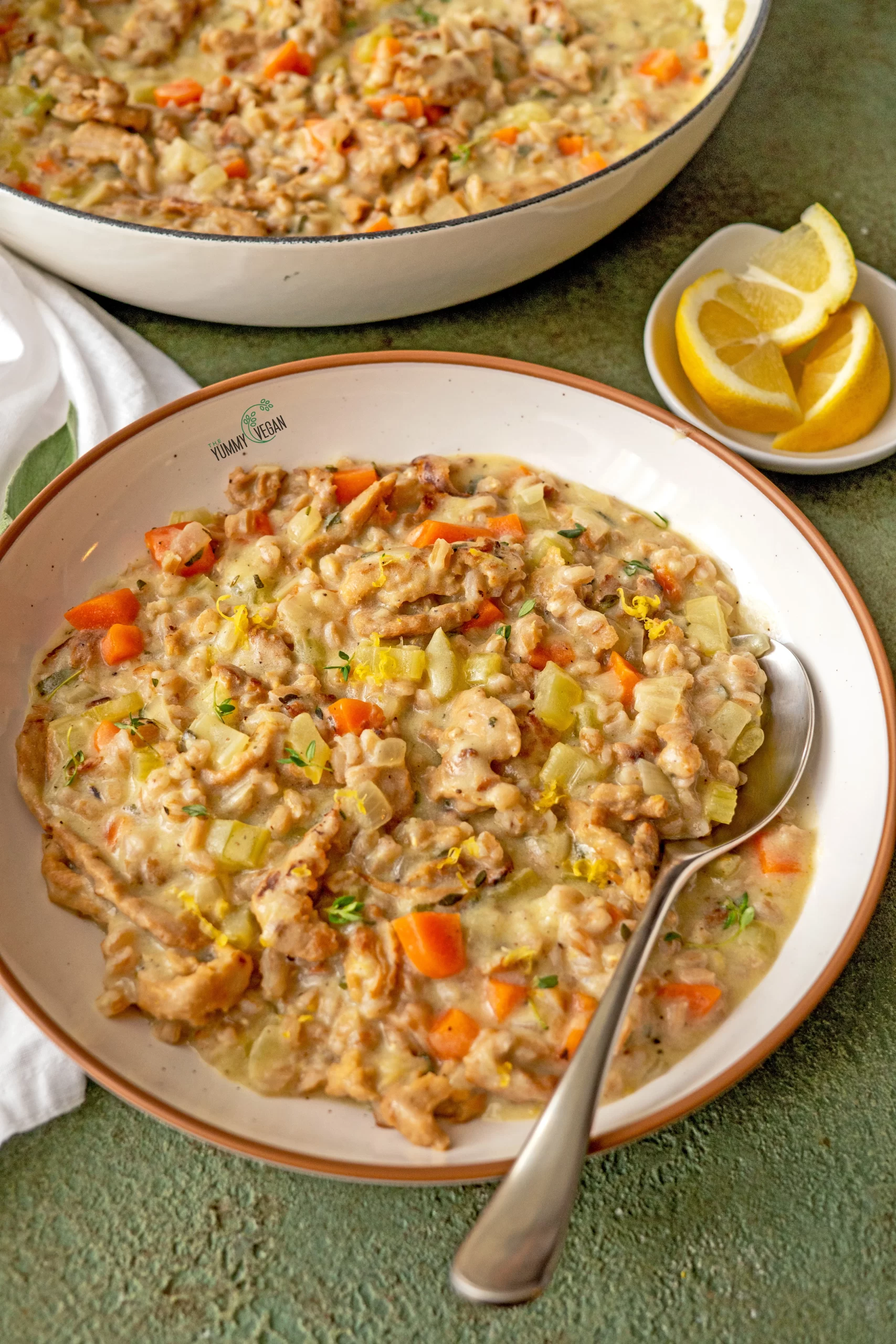 creamy vegan lemon chicken and farro stew